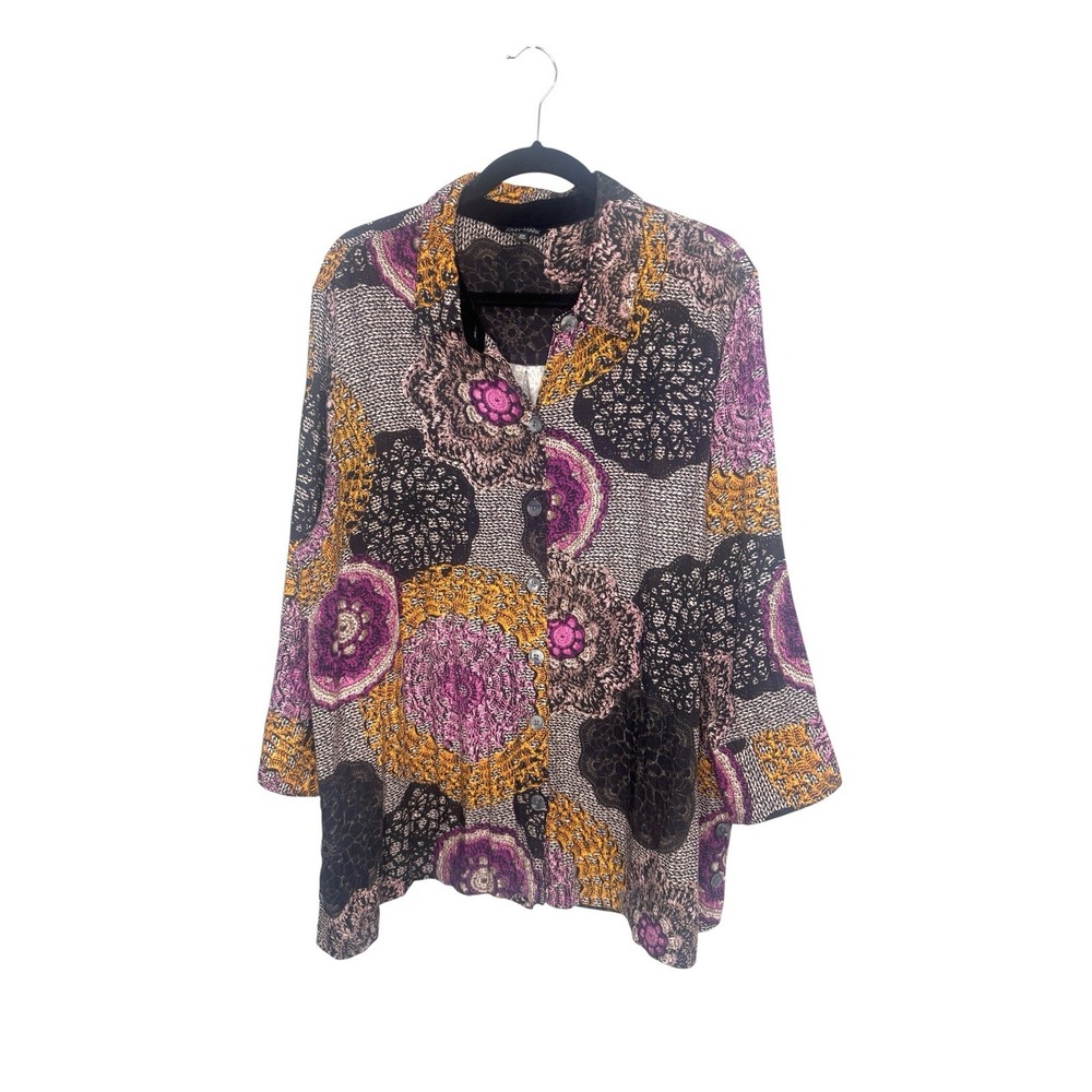 John Mark Tunic Top 2X Button Up Long Sleeve Shirt Artsy Boho Print Fall Colors